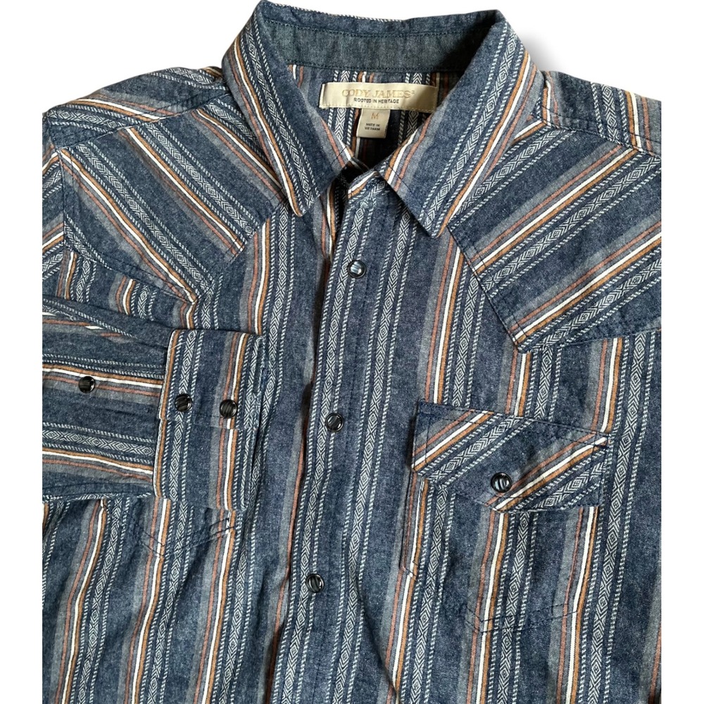 Cody James Mens Western Pearl Snap Shirt Blue Orange Striped Southwestern Medium